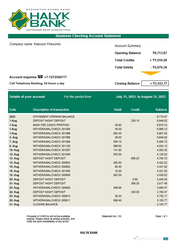 Download Halyk Bank organization account statement Word and PDF template Photoshop template